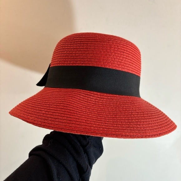 PARKHURST 100% Paper Brimmed Black Band with  Bow Red Hat - Picture 3 of 8